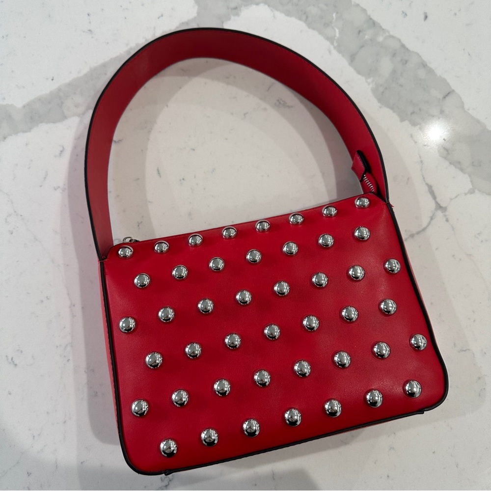BCBGeneration Red Studded Top Handle Shoulder Bag Silver Hardware